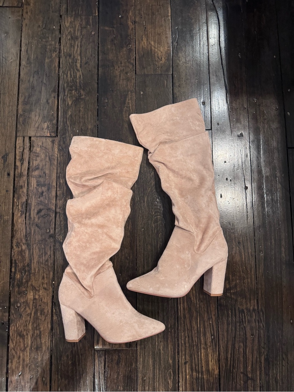Blush/Tan Suede Slouch Knee-High Boots - Women